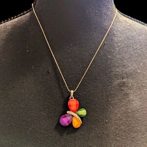 Multi-colored Resin and White Rhinestone Butterfly Pendant Necklace 16 inches